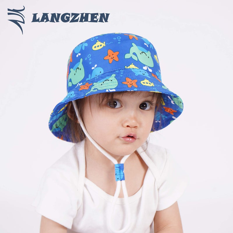 LANGZHEN Sun Protection Hat for Kids Toddler Boys Girls Wide Brim Summer Outdoor hat Baby Bucket Hat with Chin Strap (Blue-Whale, M: 1T-2T (50cm /19.7")) - Image 2